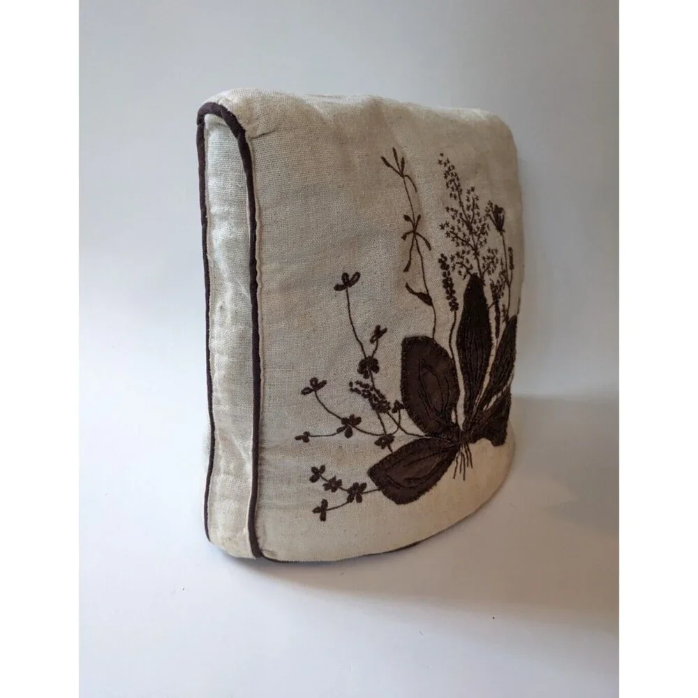 Vintage Tea Cozy Embroidered Hand Stitched‎ Wild Flowers Design Brown & Linen